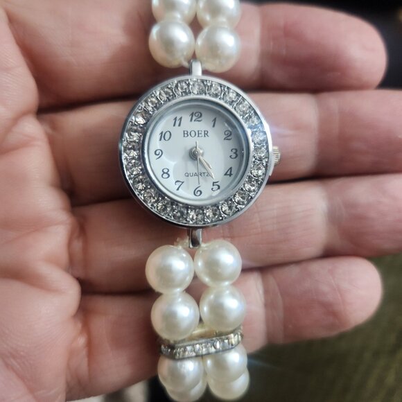 Boer Double Strand Cream Glass Pearl Bead Silver Tone Quartz Watch - Picture 1 of 8